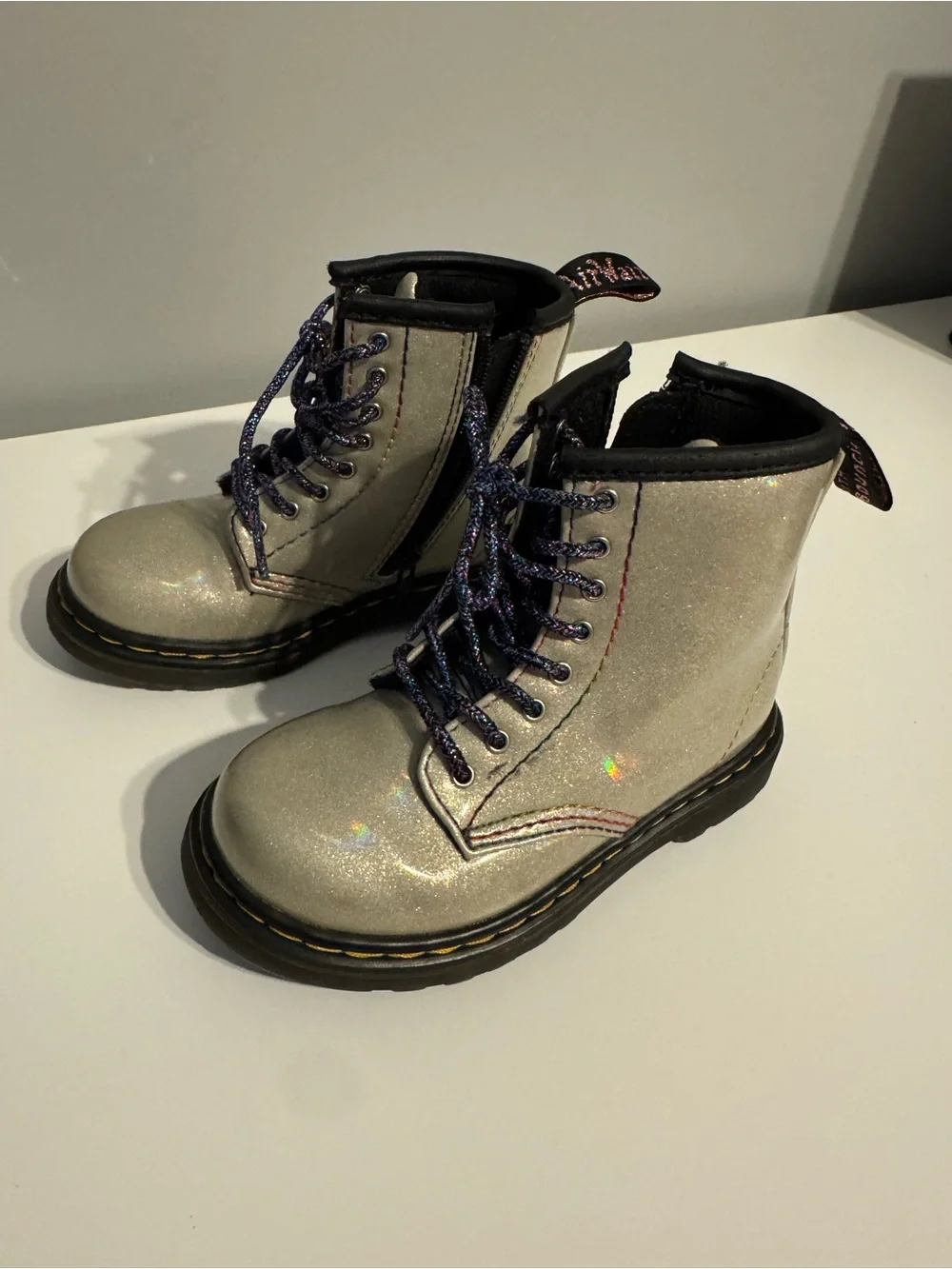 Dr. Martens Kids Metallic Silver Holographic Lace-Up Boots